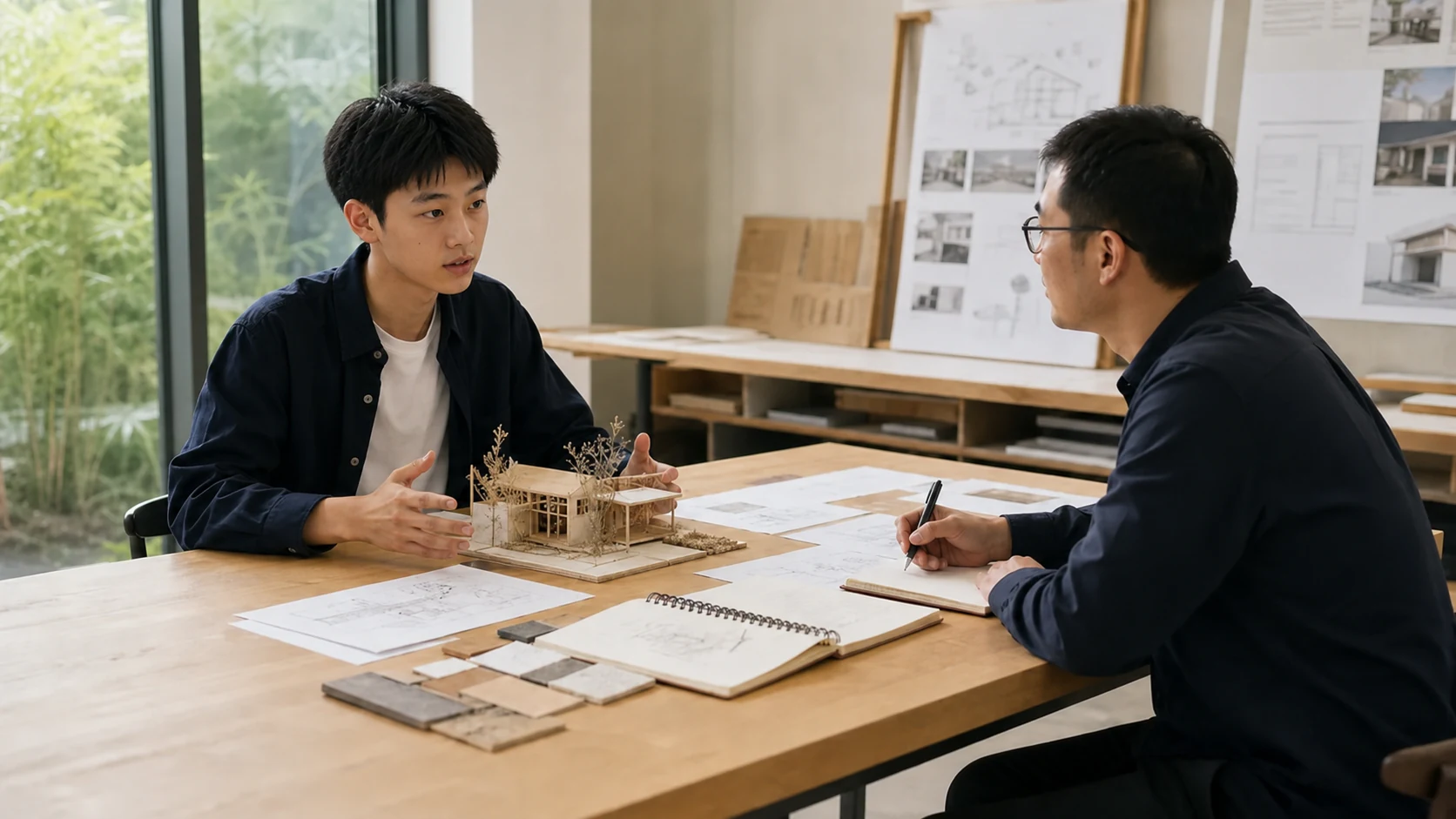 十五岁男孩向成长导师汇报建筑作品与行动成效，导师倾听并记录