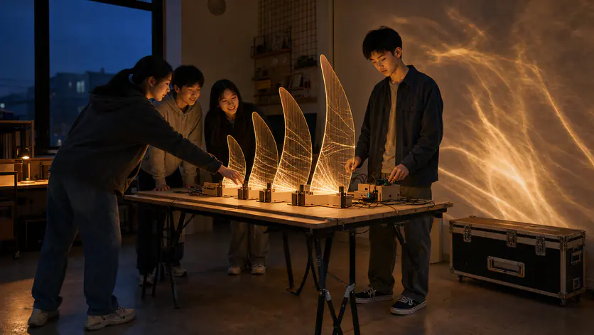 林川在工作台上控制自己制作的互动光影作品，同伴触发感应器并围拢观看光影展开