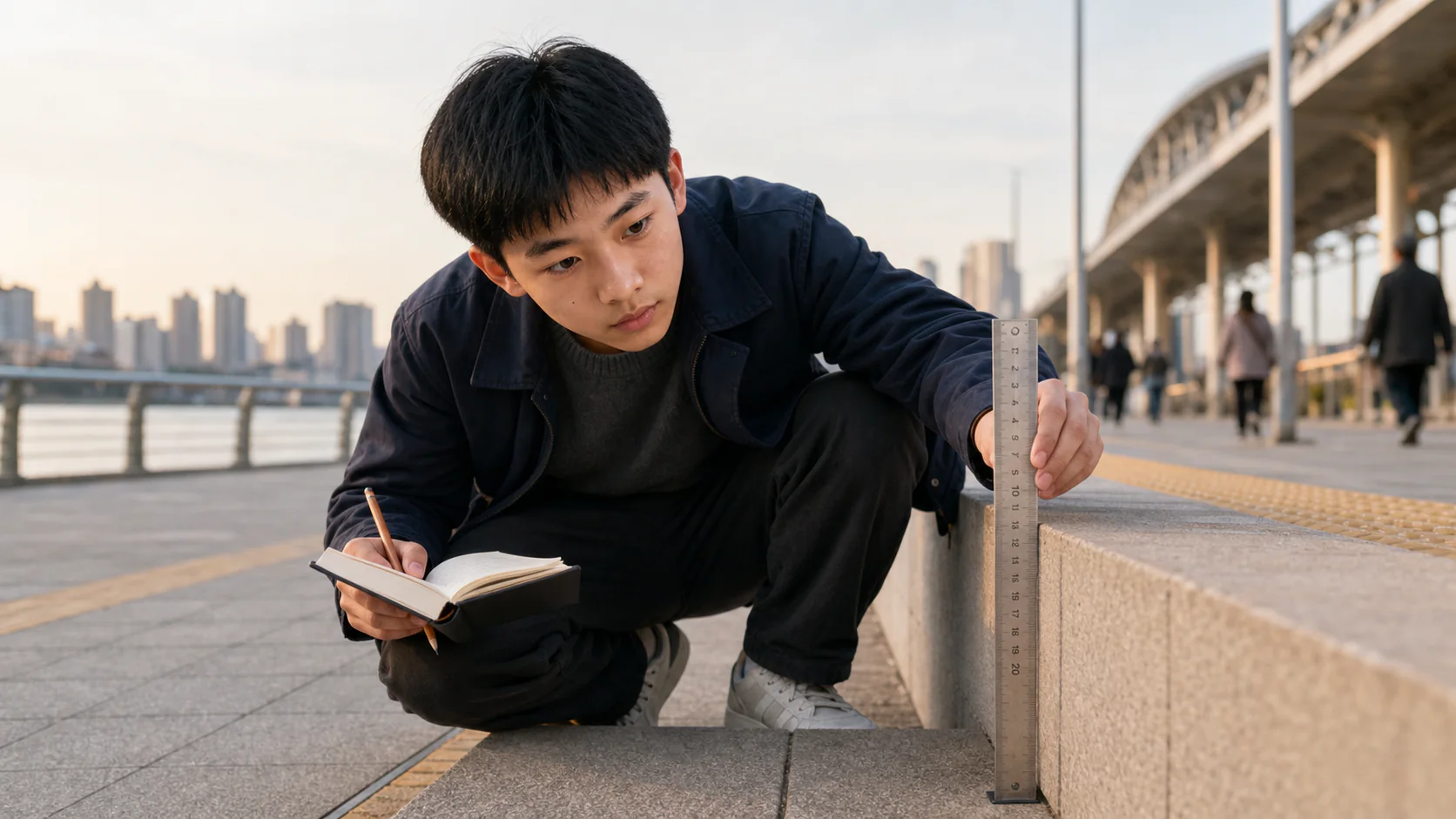 十五岁男孩用刚性直尺测量公共步道台阶高度并记录读数