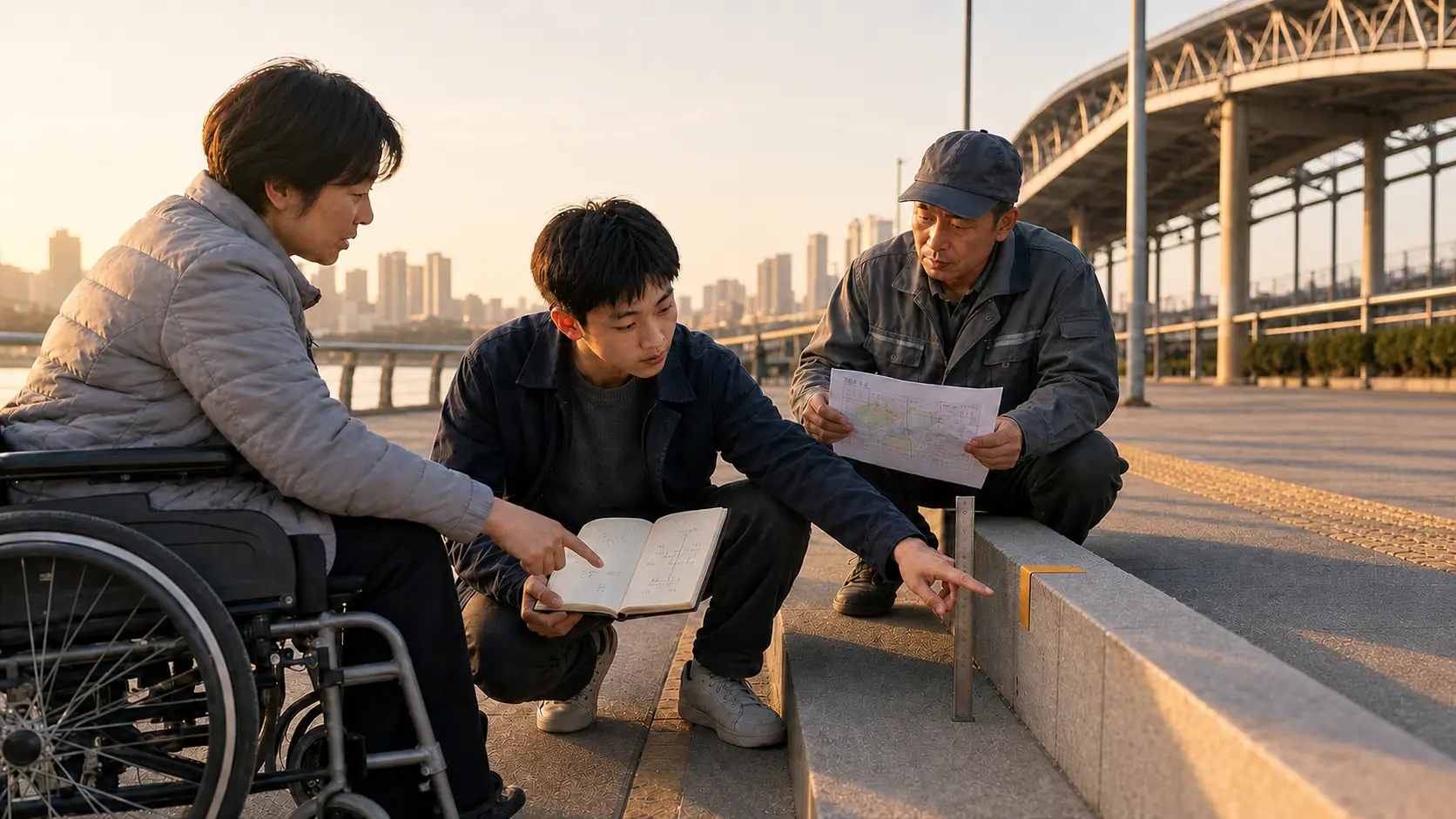 十五岁男孩与公共空间使用者和维护人员依据现场测量记录讨论台阶改进