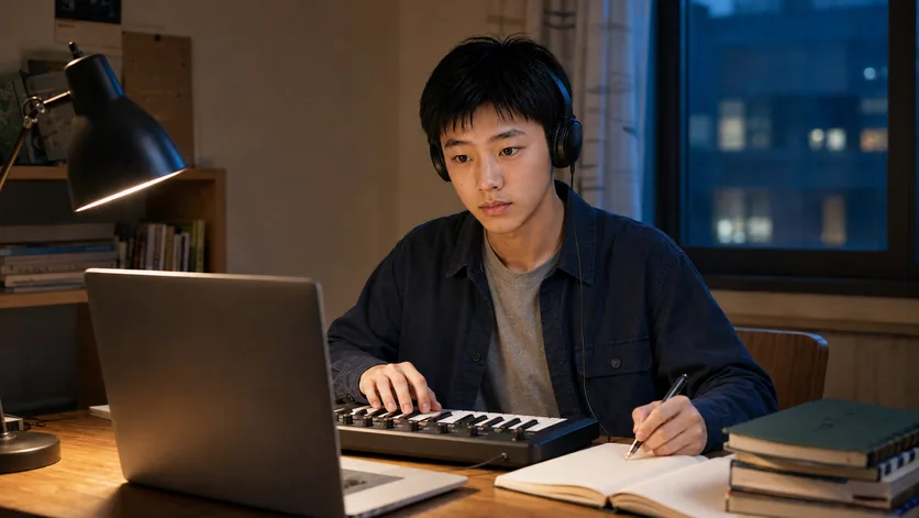 林川在晚间书桌前用小型键盘继续编排自己的音乐作品,考试资料和笔记本都在手边