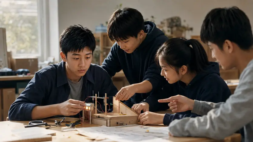 林川把自己完成的发光模块接入团队作品,同伴正在使用并检验这一部分